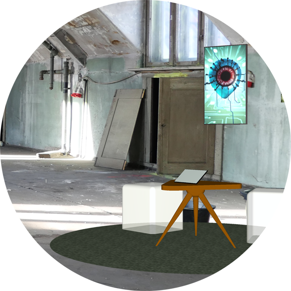 Glimpse into the main exhibition space - a round carpet under a small table surrounded by pouffes, a hanging monitor with screenshot of a video clip