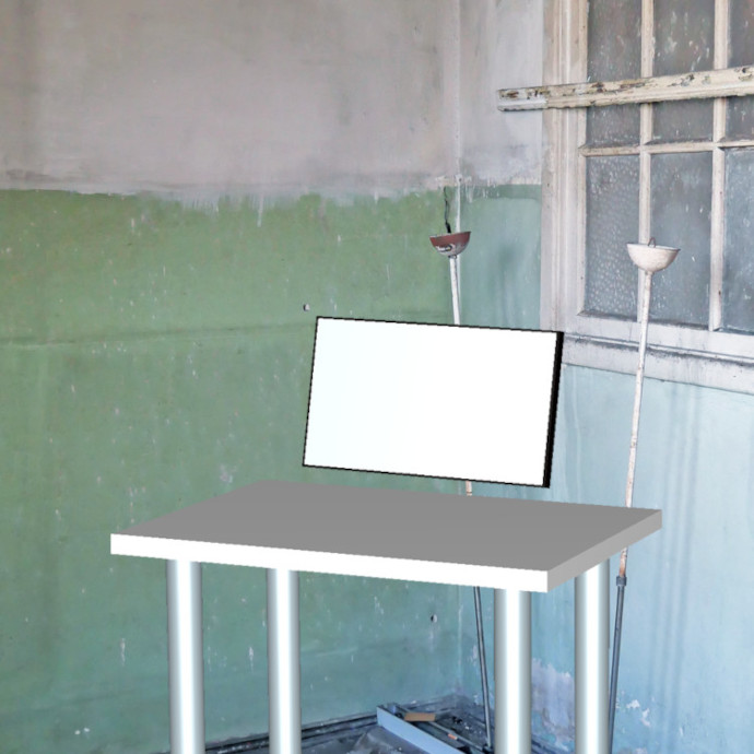 Photo Collage, showing a simple rendered table + monitor in the niche for the workstations at the attic