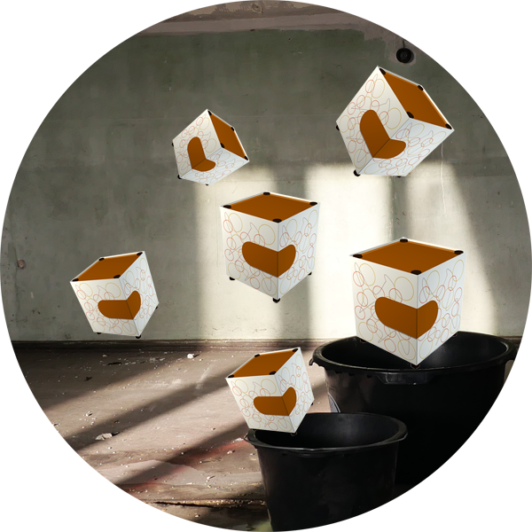 Collaged photo showing boxes + buckets